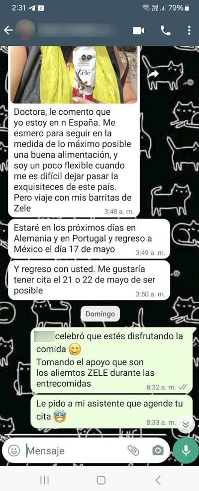 Paciente cuenta que viaja por Europa con sus barritas Zélé y pide agendar cita